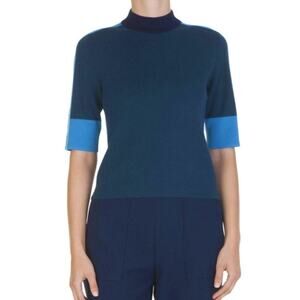 Tory Burch Megan Cashmere Blue Colorblock Short Sleeve Sweater Size S